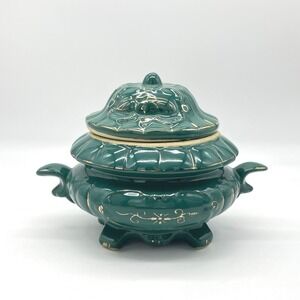 Vintage 1975 GCI Ceramic Tureen Emerald Green Gold Trim Lidded Serving Dish‎